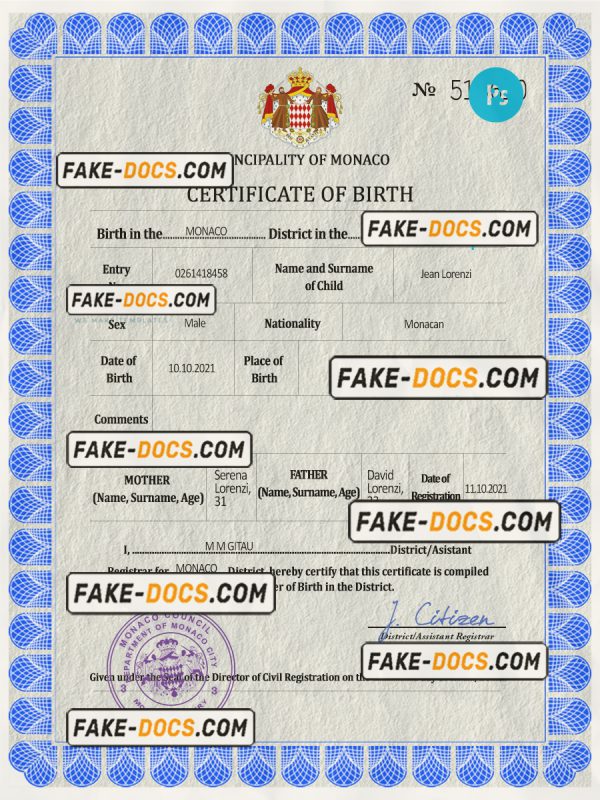 Monaco vital record birth certificate PSD template, fully editable scan