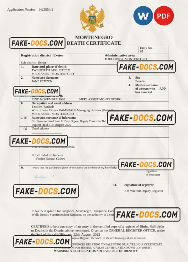 Montenegro death certificate Word and PDF template, completely editable scan