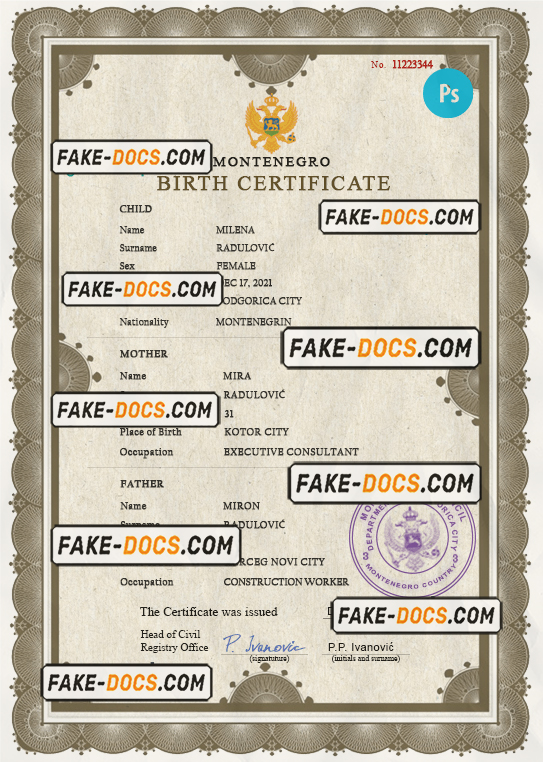 Montenegro vital record birth certificate PSD template scan