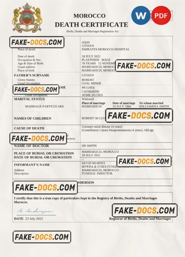 Morocco vital record death certificate Word and PDF template scan