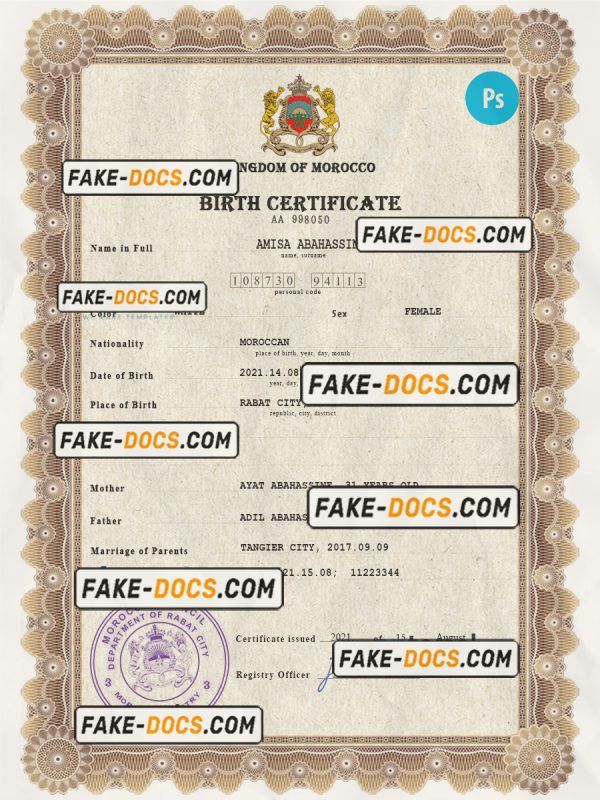 Morocco vital record birth certificate PSD template, fully editable scan