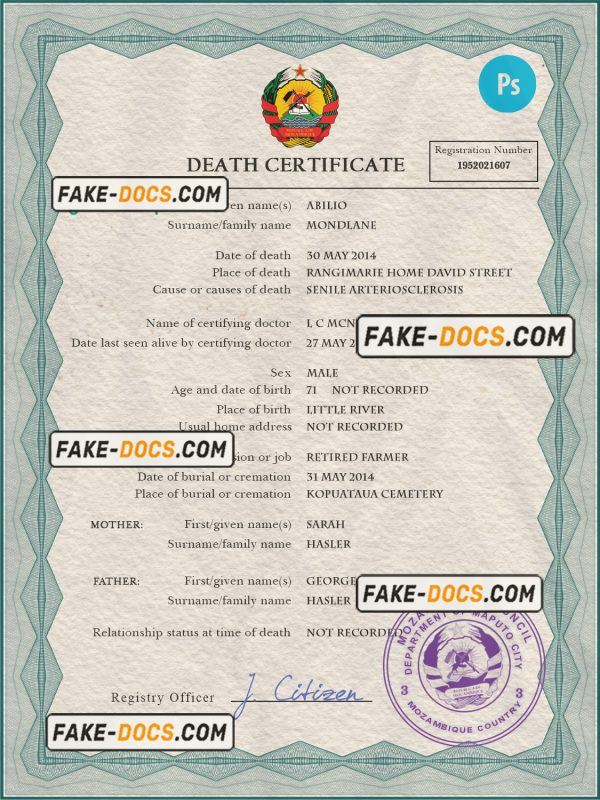 Mozambique vital record death certificate PSD template scan