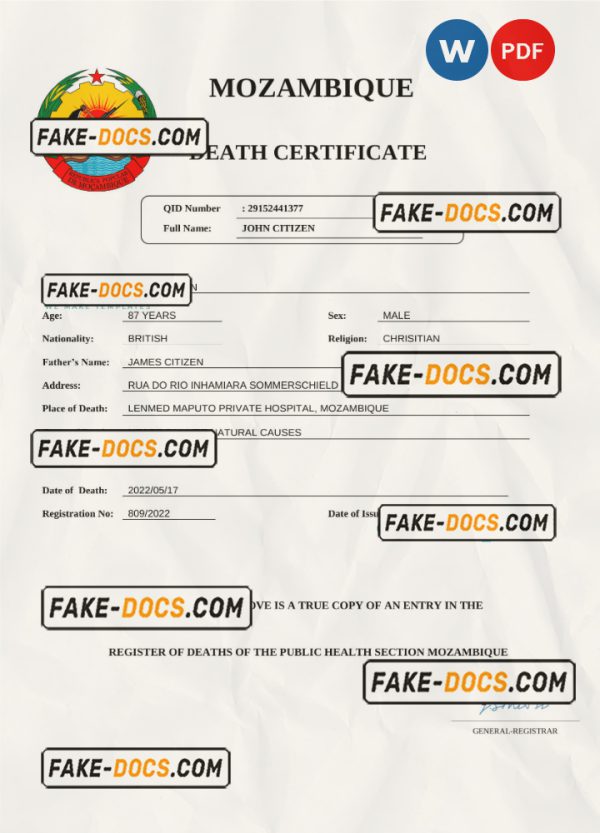 Mozambique vital record death certificate Word and PDF template Scan