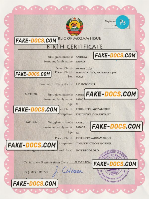 Mozambique birth certificate PSD template, completely editable scan