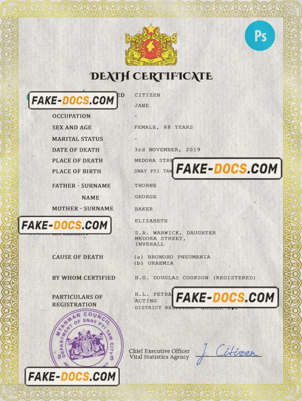 Myanmar death certificate PSD template, completely editable scan