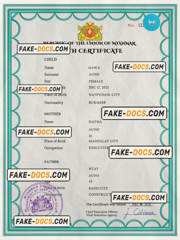 Myanmar vital record birth certificate PSD template scan