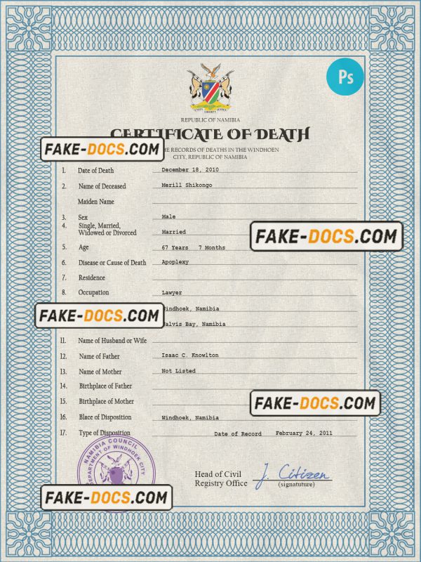 Namibia vital record death certificate PSD template scan
