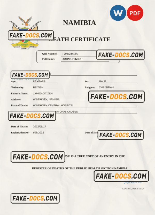 Namibia vital record death certificate Word and PDF template scan