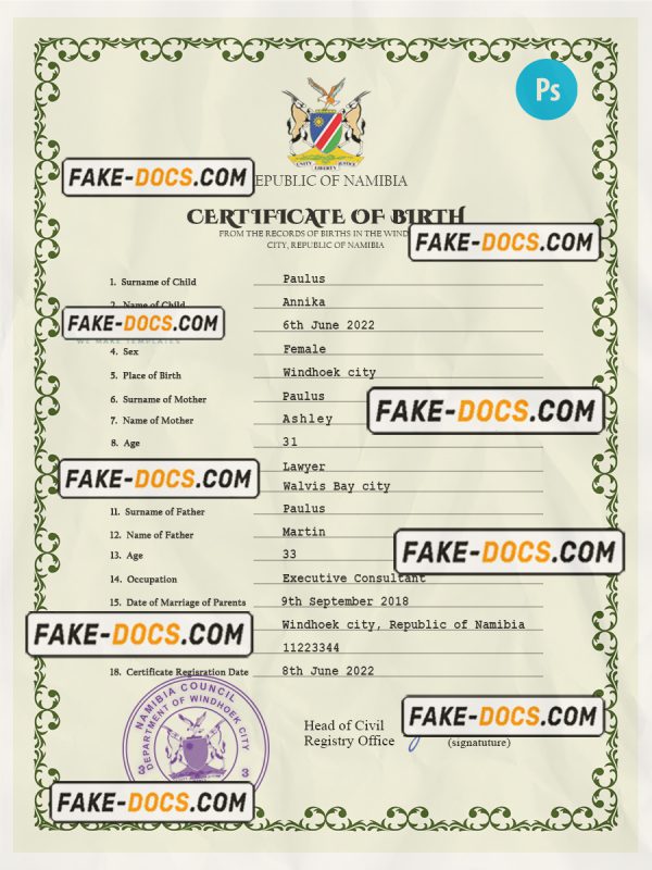 Namibia vital record birth certificate PSD template, fully editable scan