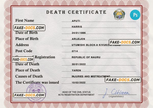 Nauru vital record death certificate PSD template, fully editable scan