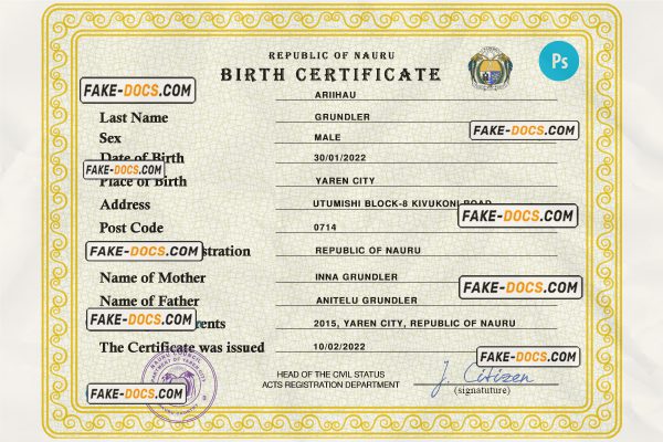 Nauru birth certificate PSD template, completely editable scan