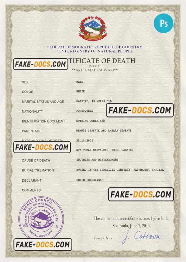 Nepal vital record death certificate PSD template, completely editable scan