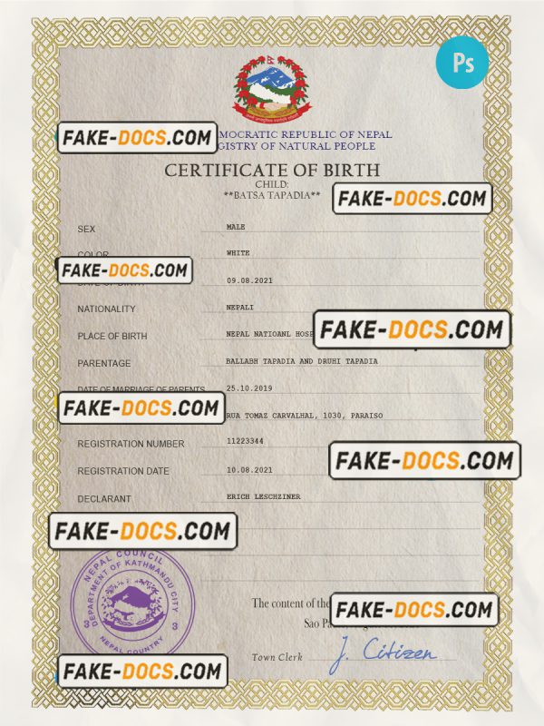 Nepal vital record birth certificate PSD template scan