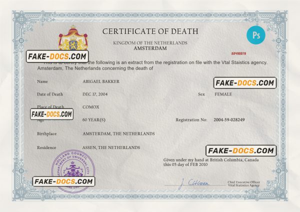 Netherlands death certificate PSD template, completely editable scan