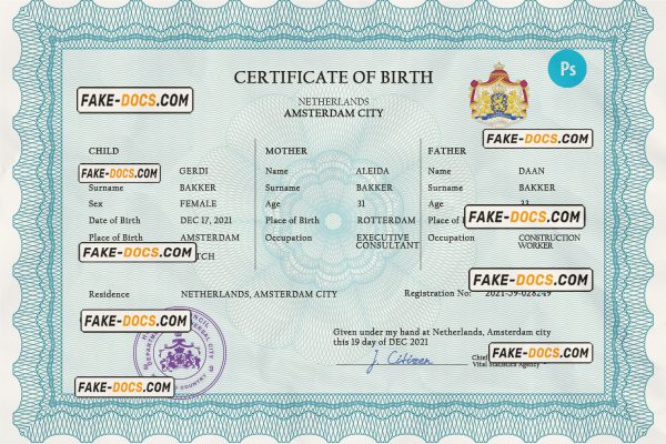 Netherlands vital record birth certificate PSD template, fully editable scan