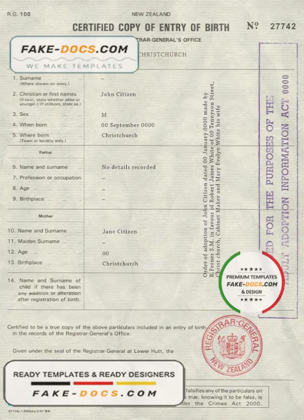New Zealand birth certificate template in PSD format, fully editable scan