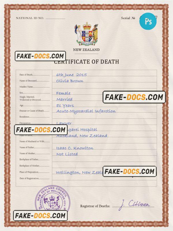 New Zealand vital record death certificate PSD template scan