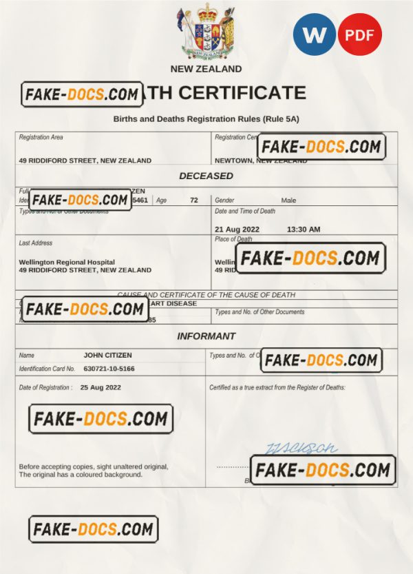 New Zealand death certificate Word and PDF template, completely editable scan