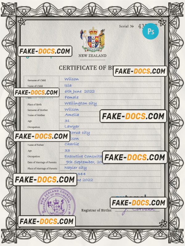New Zealand birth certificate PSD template, completely editable SCAN