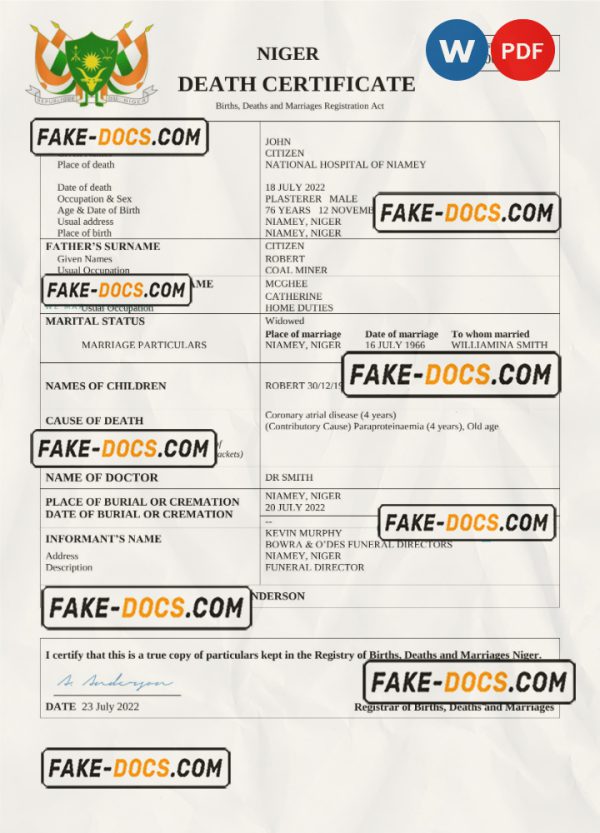 Niger death certificate Word and PDF template, completely editable scan