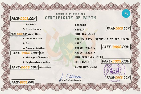 Niger vital record birth certificate PSD template scan