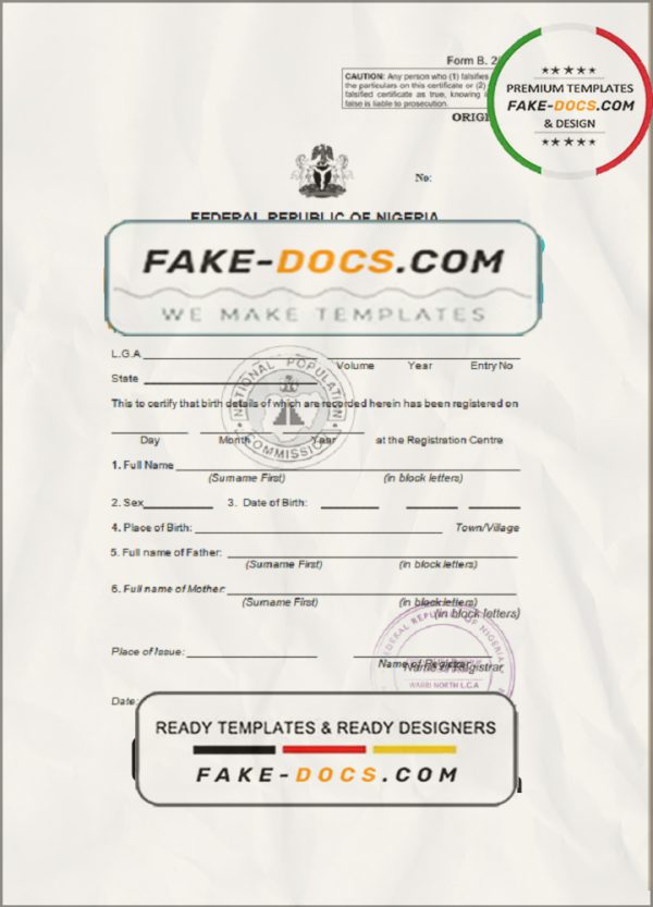 Nigeria birth certificate template in Word and PDF format scan