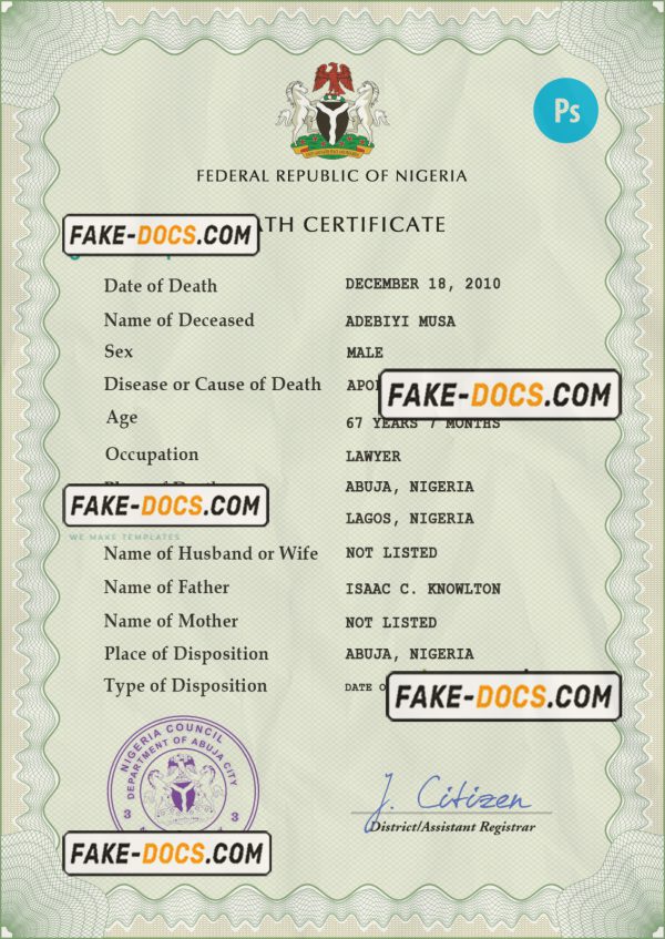 Nigeria vital record death certificate PSD template, fully editable scan