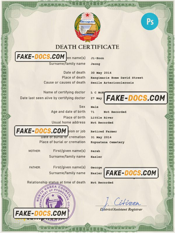 North Korea death certificate PSD template, completely editable Scan