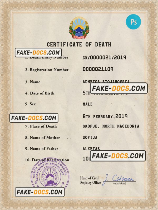North Macedonia vital record death certificate PSD template scan