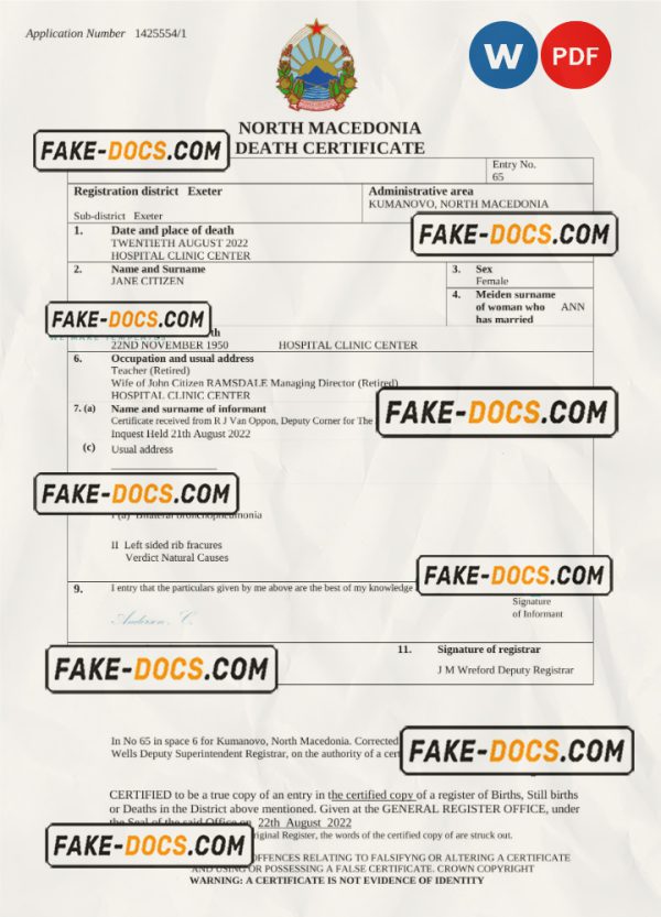 North Macedonia death certificate Word and PDF template, completely editable scan