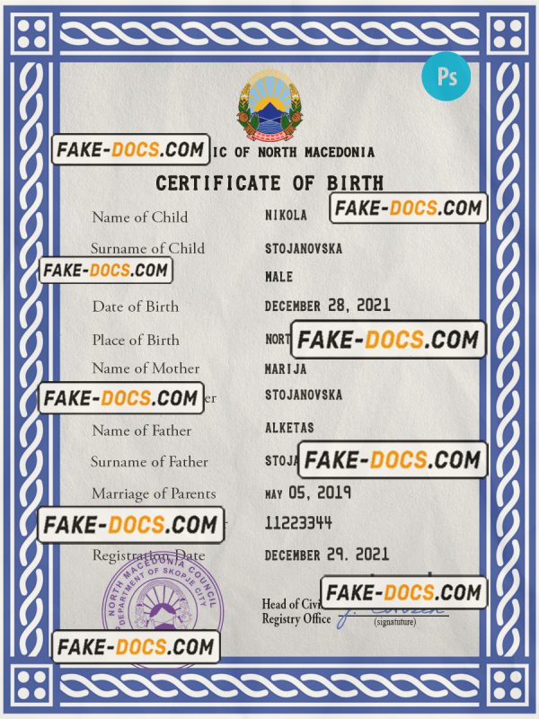 North Macedonia vital record birth certificate PSD template scan