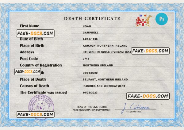 Northern Ireland death certificate PSD template, completely editable scan