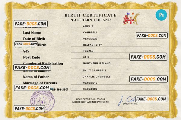 Northern Ireland vital record birth certificate PSD template, fully editable scan