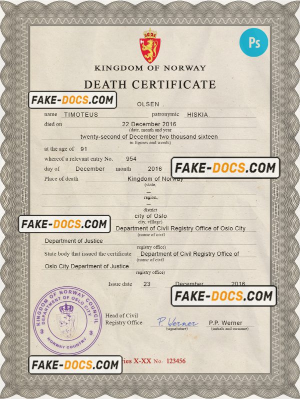 Norway vital record death certificate PSD template, completely editable scan