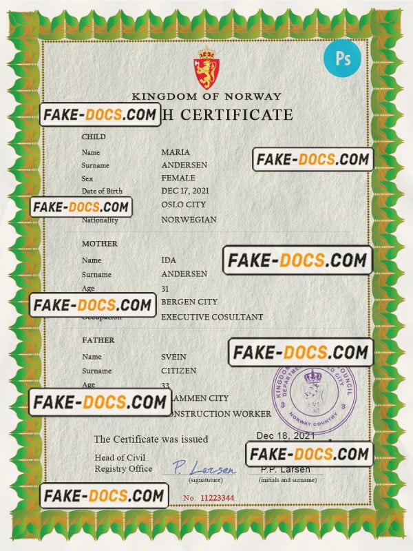 Norway birth certificate PSD template, completely editable scan