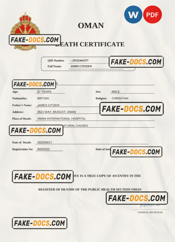Oman vital record death certificate Word and PDF template scan
