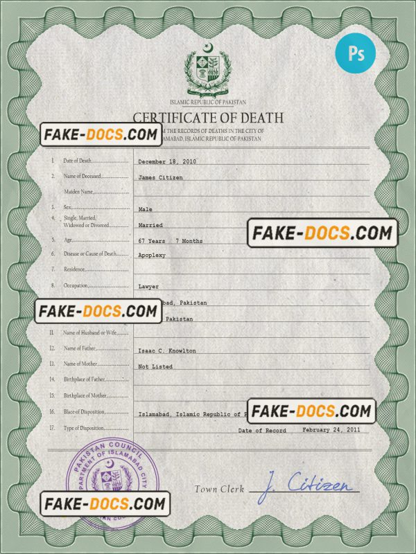 Pakistan vital record death certificate PSD template scan