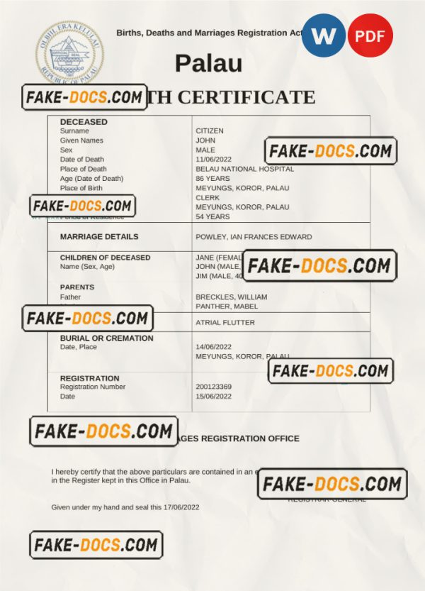 Palau vital record death certificate Word and PDF template scan