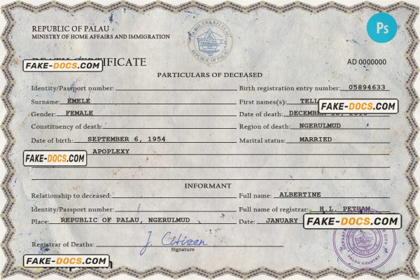 Palau death certificate PSD template, completely editable scan