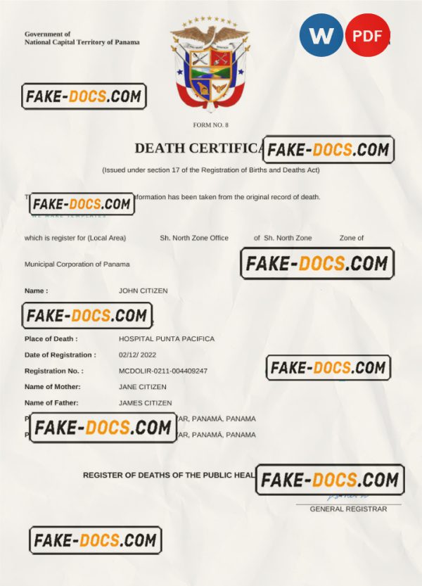 Panama death certificate Word and PDF template, completely editable scan