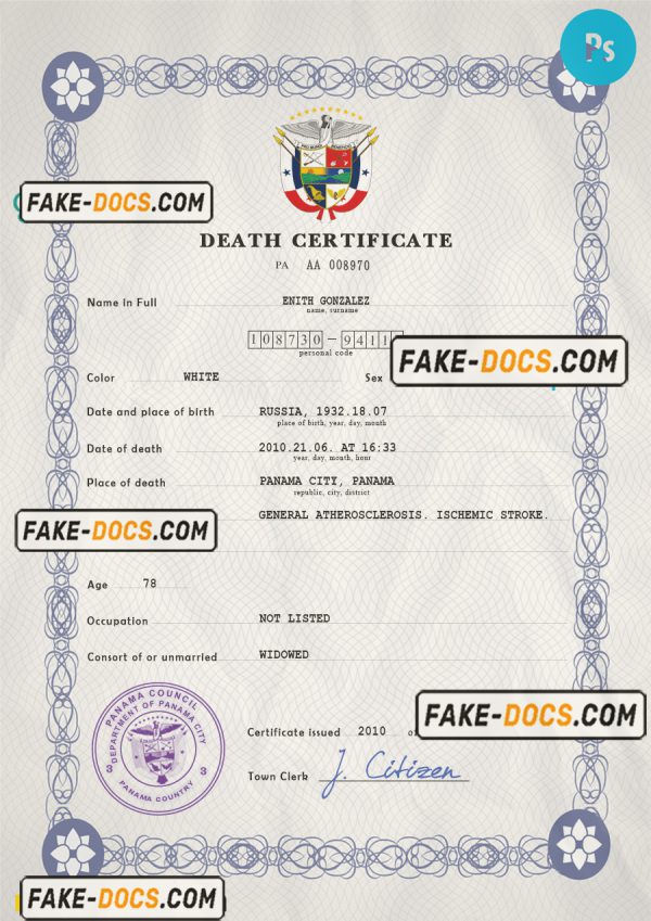 Panama vital record death certificate PSD template, fully editable scan