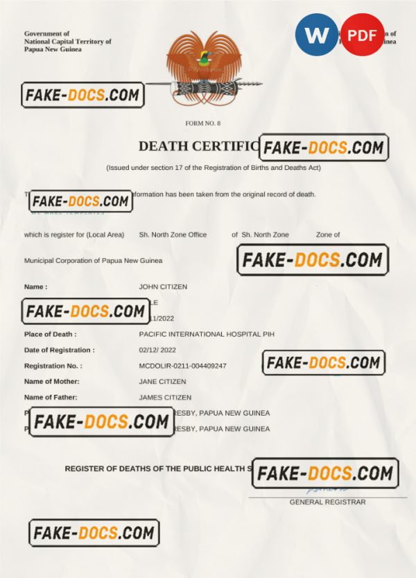 Papua New Guinea vital record death certificate Word and PDF template scan