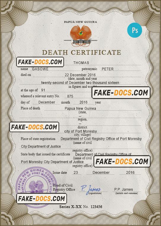 Papua New Guinea death certificate PSD template, completely editable scan