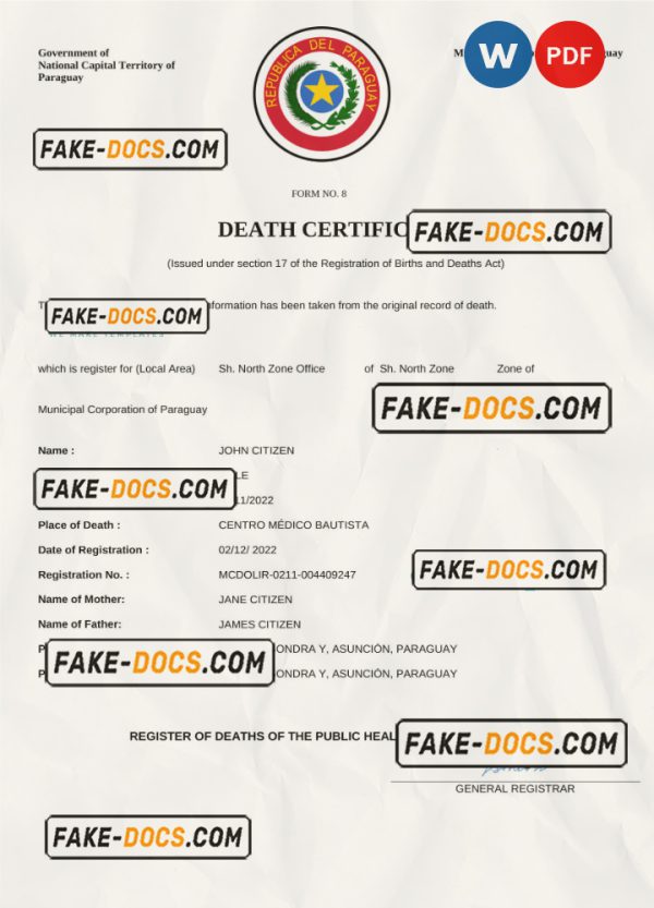 Paraguay death certificate Word and PDF template, completely editable scan