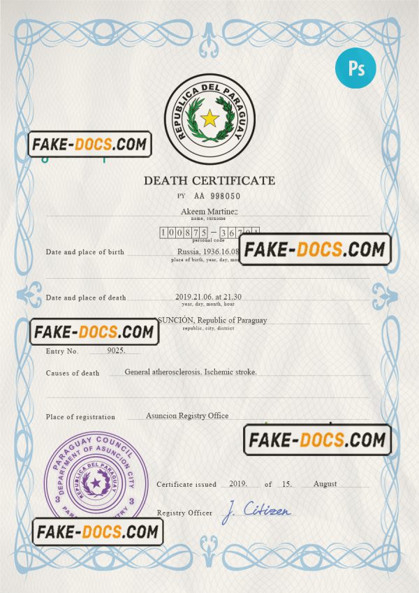 Paraguay vital record death certificate PSD template scan