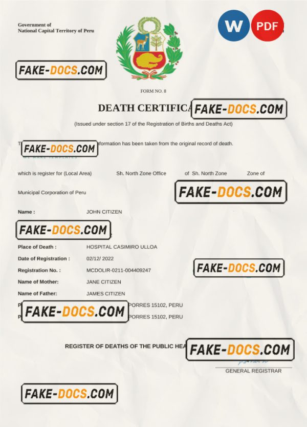 Peru vital record death certificate Word and PDF template scan