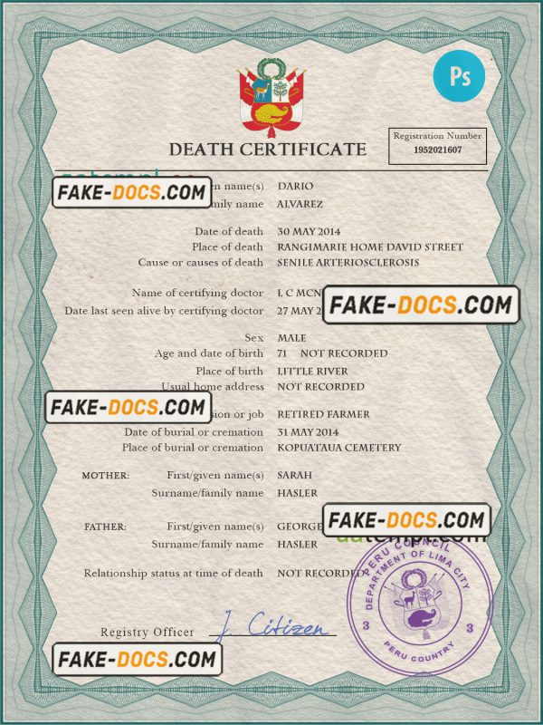 Peru death certificate PSD template, completely editable scan