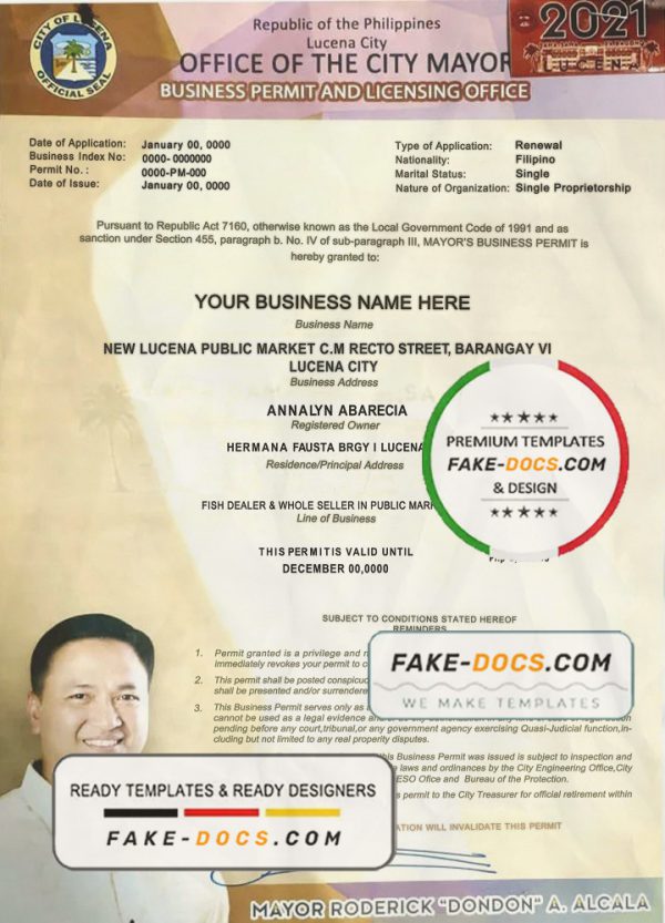 Philippines City of Lucena private entrepreneur certificate template in PSD format scan