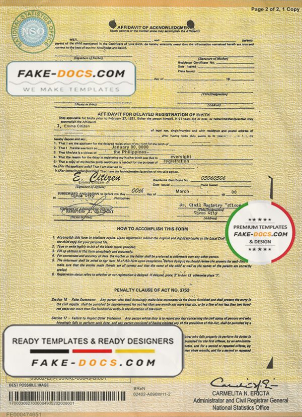 Philippines birth certificate template in PSD format, fully editable scan