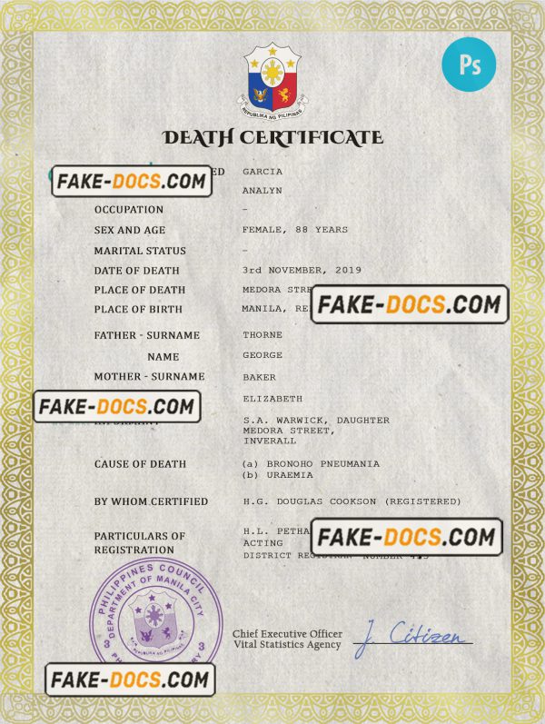 Philippines vital record death certificate PSD template, completely editable scan